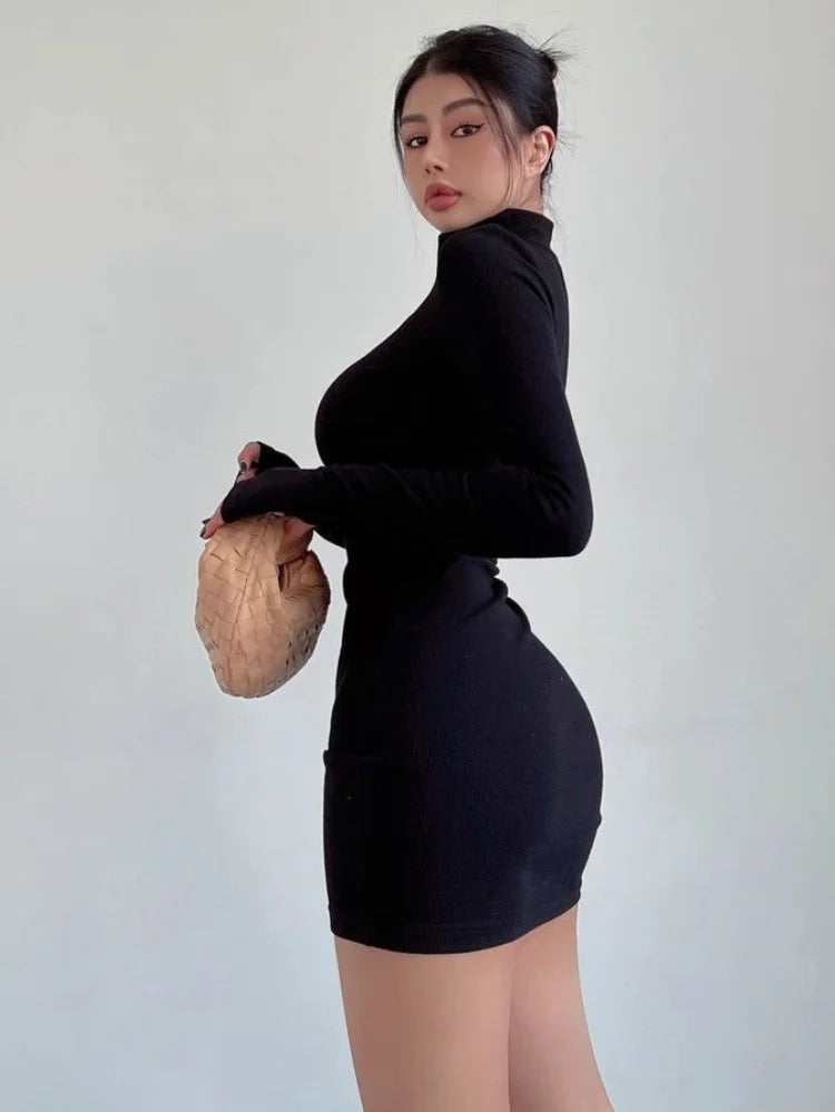 Turtleneck Pleated Waist Mini Dress for Women- Slim Fit - Various Colors
