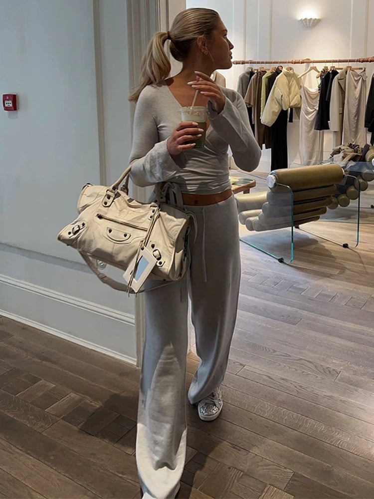 Women's 2-Piece Loose Pants and Flare Sleeve Crop Top Set
