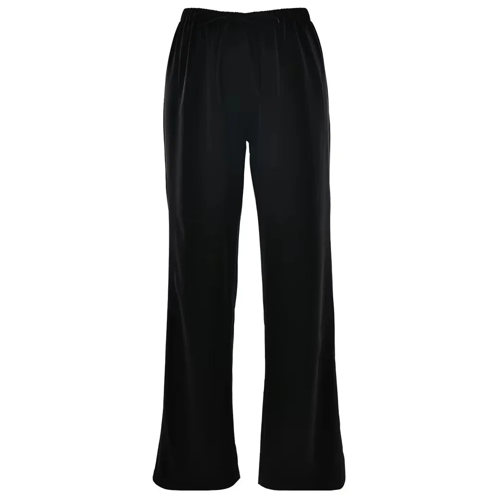 High Waist Satin Casual Women's Trousers with Lace-Up & Elastic Waist – Loose Fit for Comfort and Style