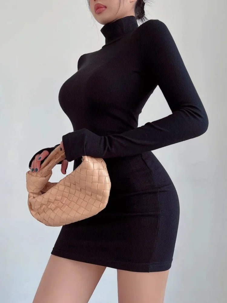 Turtleneck Pleated Waist Mini Dress for Women- Slim Fit - Various Colors