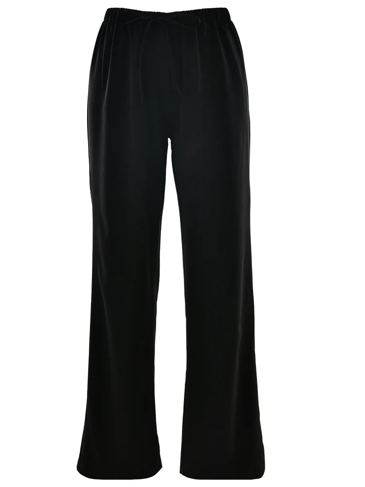 High Waist Satin Casual Women's Trousers with Lace-Up & Elastic Waist – Loose Fit for Comfort and Style