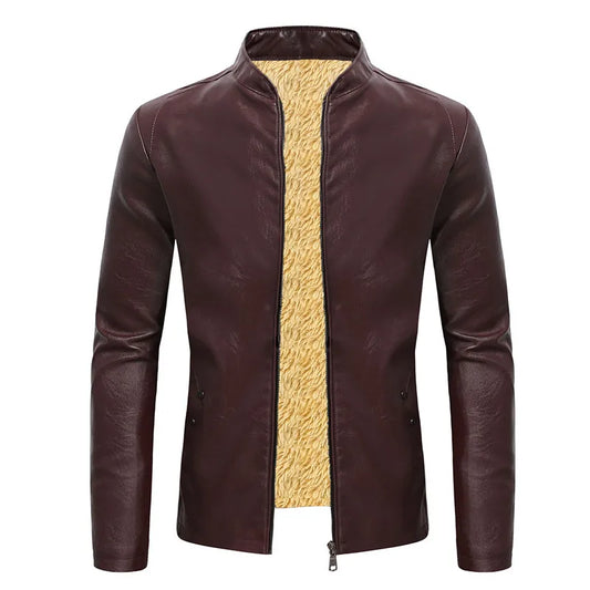 Men’s Faux Leather Fleece Jacket with Stand Collar - Stylish and Warm Outerwear