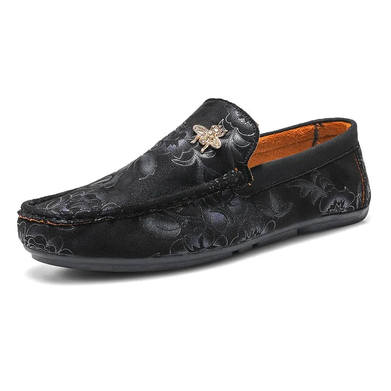 Men's Flower-Printed Faux Leather Slip-On Loafers - Stylish and Comfortable Men's Shoes