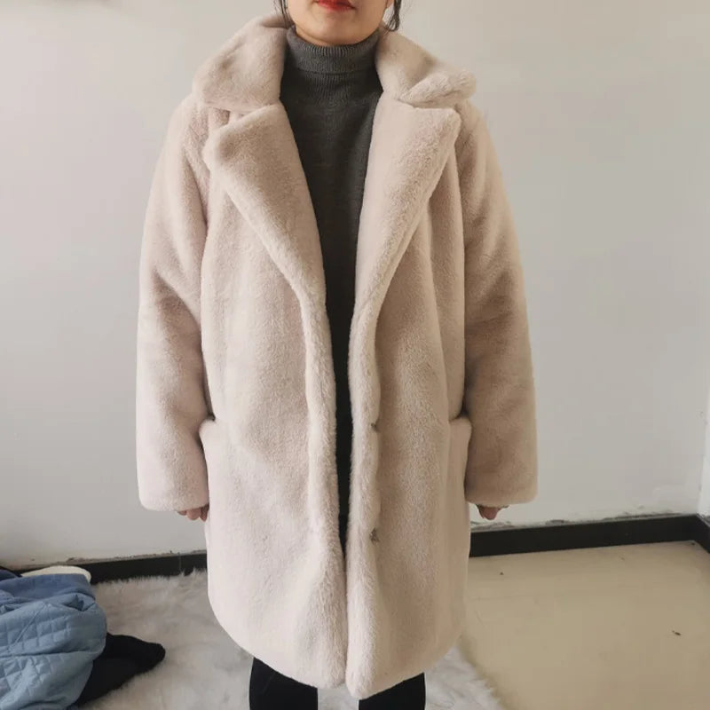 Women's Thick Faux Fur Long Overcoat with Turn-Down Collar