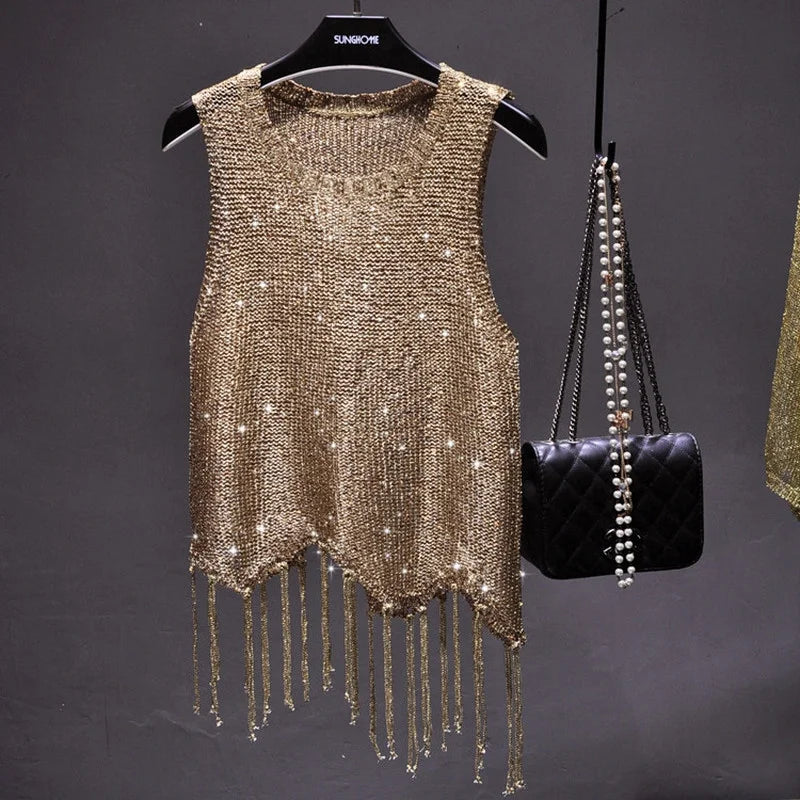 Women's Sequined Tassel Knitted Vest - Shiny & Stylish Performance Fashion