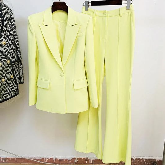 Women's Two-Piece Suit Set - Slim Fit Blazer with Single Button & Flare Pants