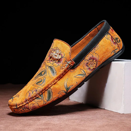 Men's Flower-Printed Faux Leather Slip-On Loafers - Stylish and Comfortable Men's Shoes
