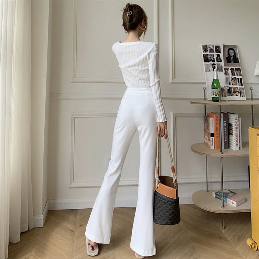 Women's High Waist Slim Fit Micro-Flared Pants - Casual Wide Leg with Split Design