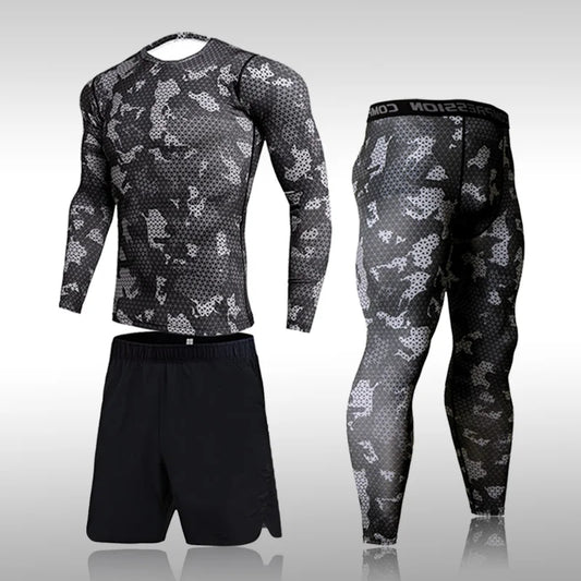 Men's 2-3 Piece Quick-Dry Camouflage Sweater, Shorts, and Pants Set - Compression Sports Suit