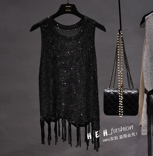 Women's Sequined Tassel Knitted Vest - Shiny & Stylish Performance Fashion