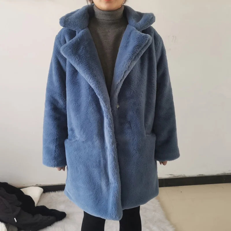 Women's Thick Faux Fur Long Overcoat with Turn-Down Collar
