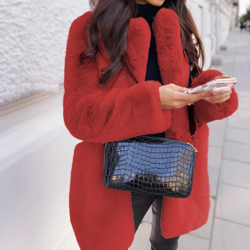 Women's Thick Faux Fur Long Overcoat with Turn-Down Collar