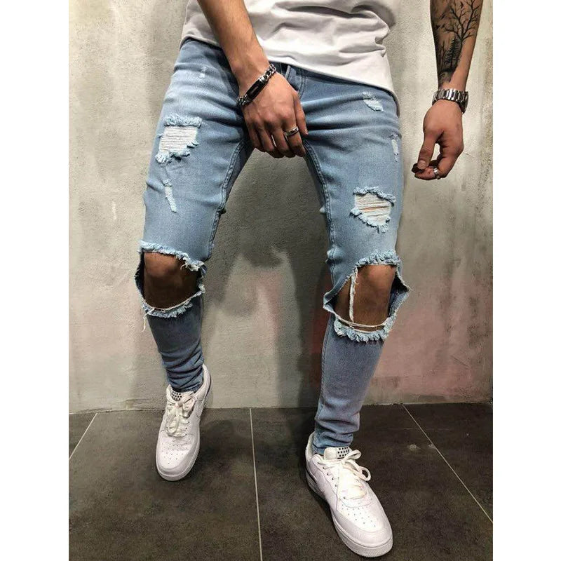 Men's Ripped Slim Fit Denim Jeans - Casual Slim Fit Pencil Pants for Men