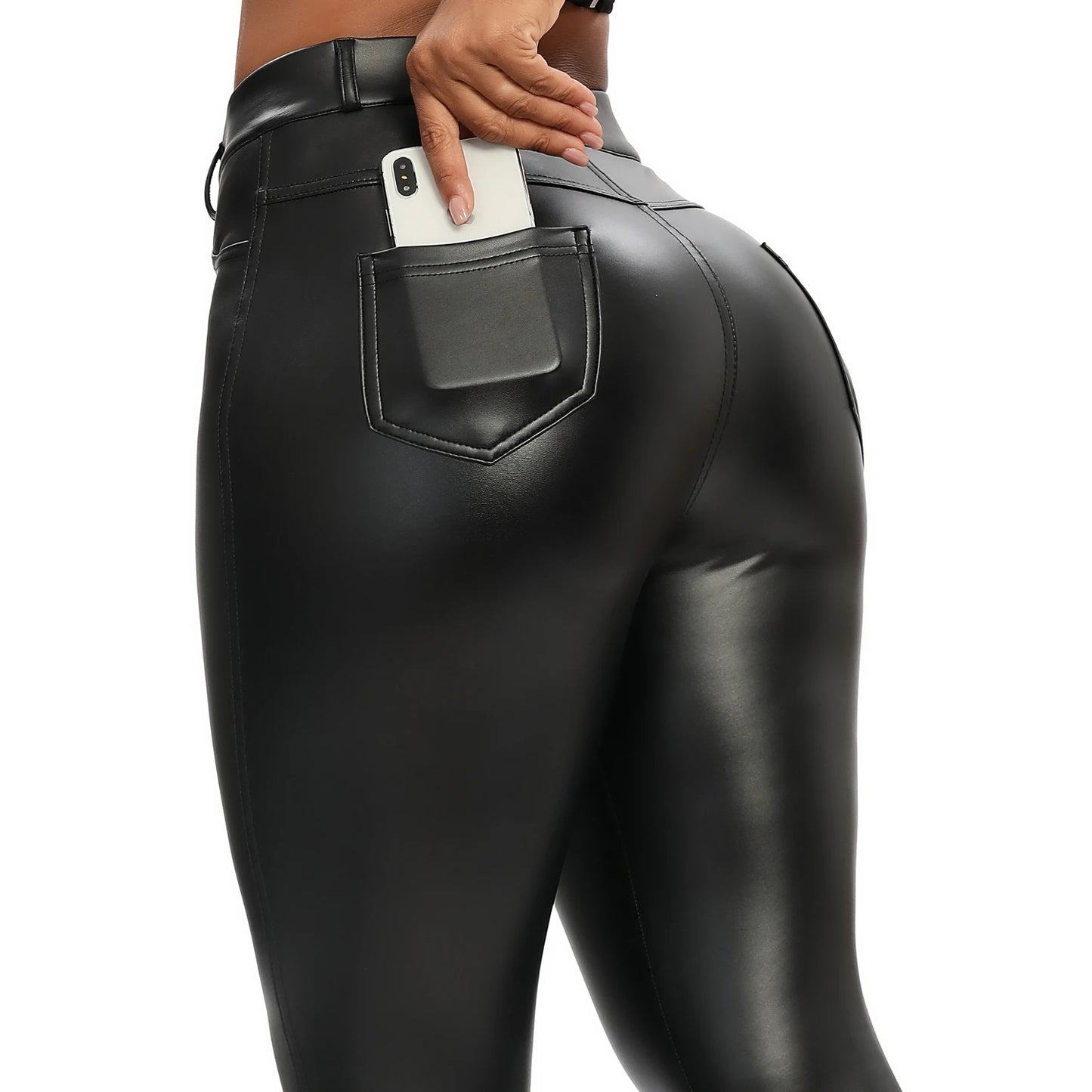 Women's  Faux Leather Skinny pants - High Waist Push-Up Design with Pockets