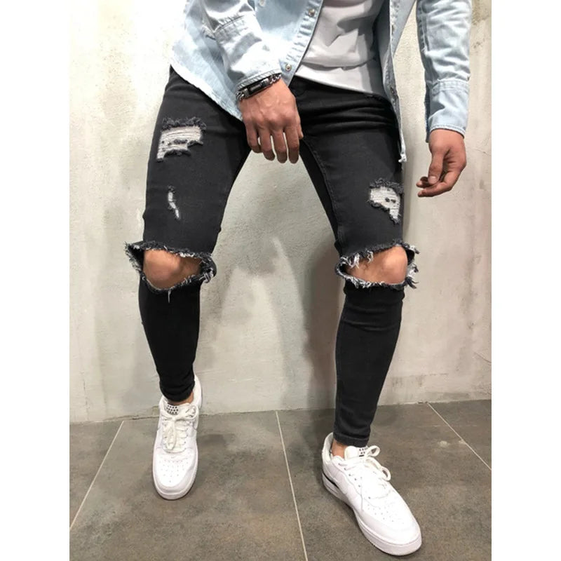 Men's Ripped Slim Fit Denim Jeans - Casual Slim Fit Pencil Pants for Men