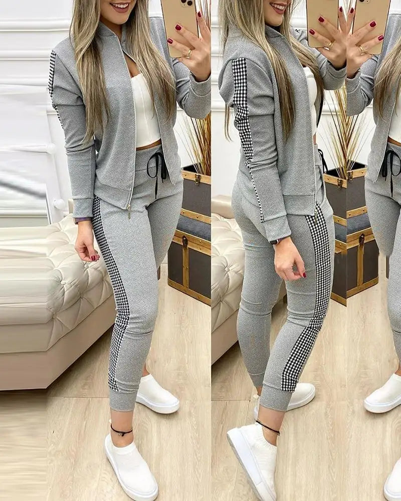 Women's Striped Leisure Sports Two-Piece Set: Comfortable Zipper Top & Pants
