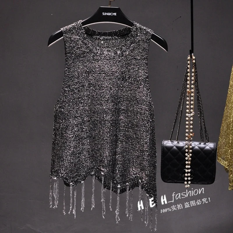 Women's Sequined Tassel Knitted Vest - Shiny & Stylish Performance Fashion