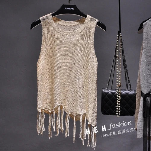 Women's Sequined Tassel Knitted Vest - Shiny & Stylish Performance Fashion