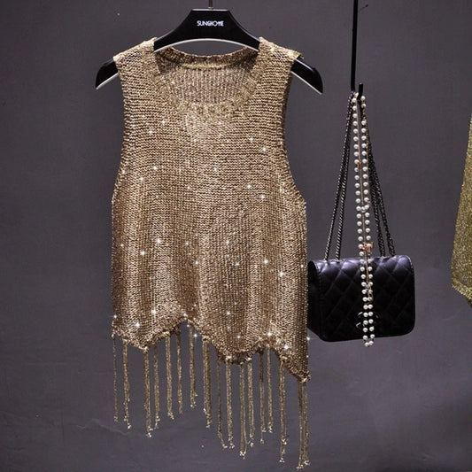Women's Sequined Tassel Knitted Vest - Shiny & Stylish Performance Fashion