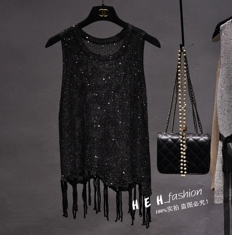 Women's Sequined Tassel Knitted Vest - Shiny & Stylish Performance Fashion
