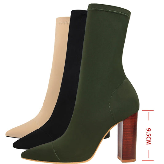Women's Pointed Toe Elastic Heel Boots – Stylish & Comfortable Ankle Boots