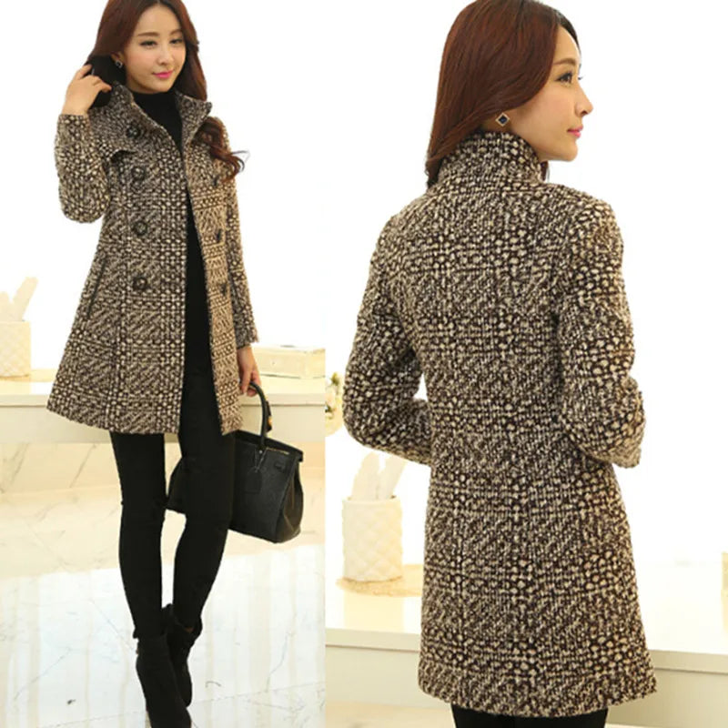 Women's Wool Blend Coat - Elegant Plaid Slim Fit Long Coat