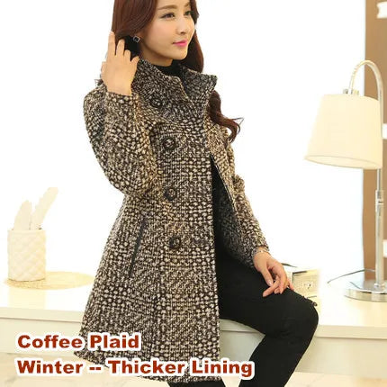 Women's Wool Blend Coat - Elegant Plaid Slim Fit Long Coat