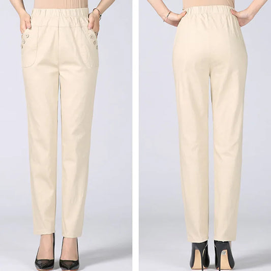 Women's Cotton Straight Pants with Stretch Waist
