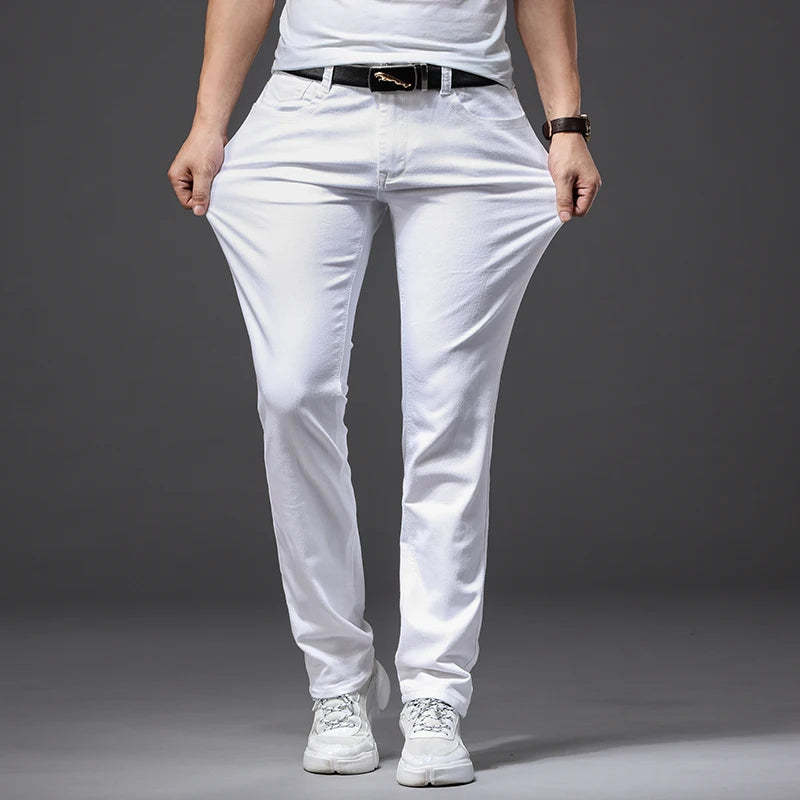 Men's White Classic Slim Fit Soft Stretch Trousers