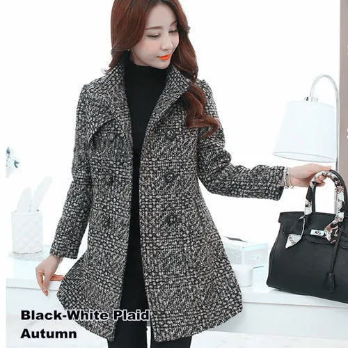 Women's Wool Blend Coat - Elegant Plaid Slim Fit Long Coat
