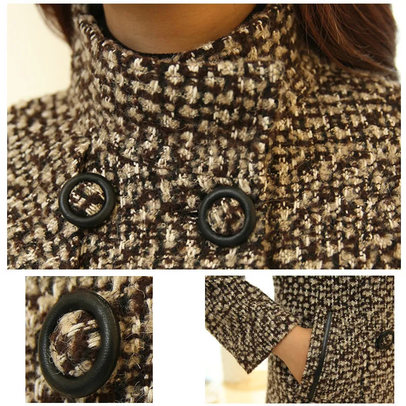 Women's Wool Blend Coat - Elegant Plaid Slim Fit Long Coat