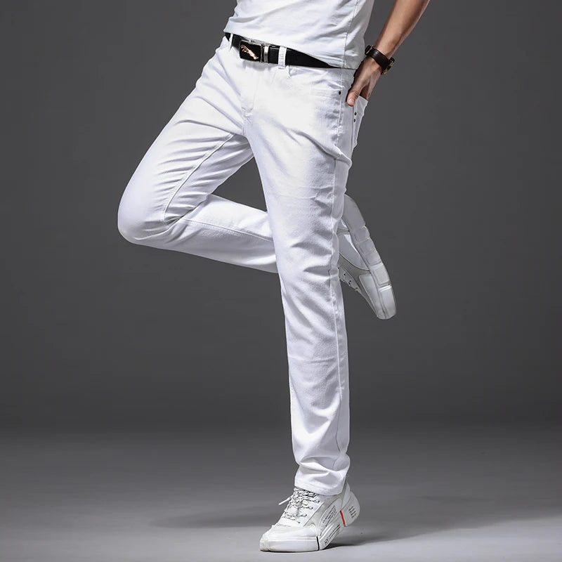 Men's White Classic Slim Fit Soft Stretch Trousers