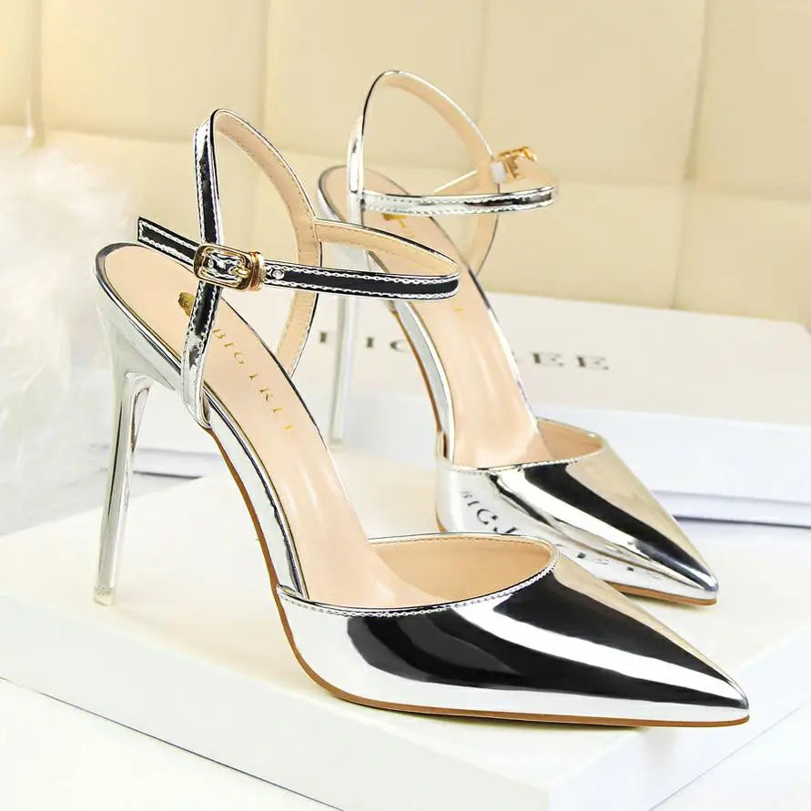 faux Leather Shallow Women Sandals Pointed Toe Fashion Buckle High Heels Shoes Women's Dress Shoes Thin Heels