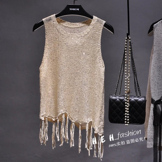 Women's Sequined Tassel Knitted Vest - Shiny & Stylish Performance Fashion