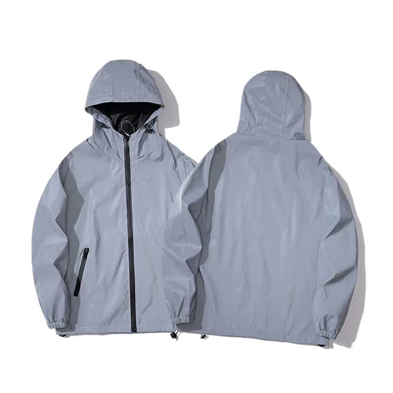 Men's Waterproof Windbreaker Jacket - Reflective Hooded Zipper Jacket for Enhanced Visibility