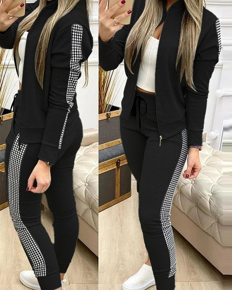 Women's Striped Leisure Sports Two-Piece Set: Comfortable Zipper Top & Pants