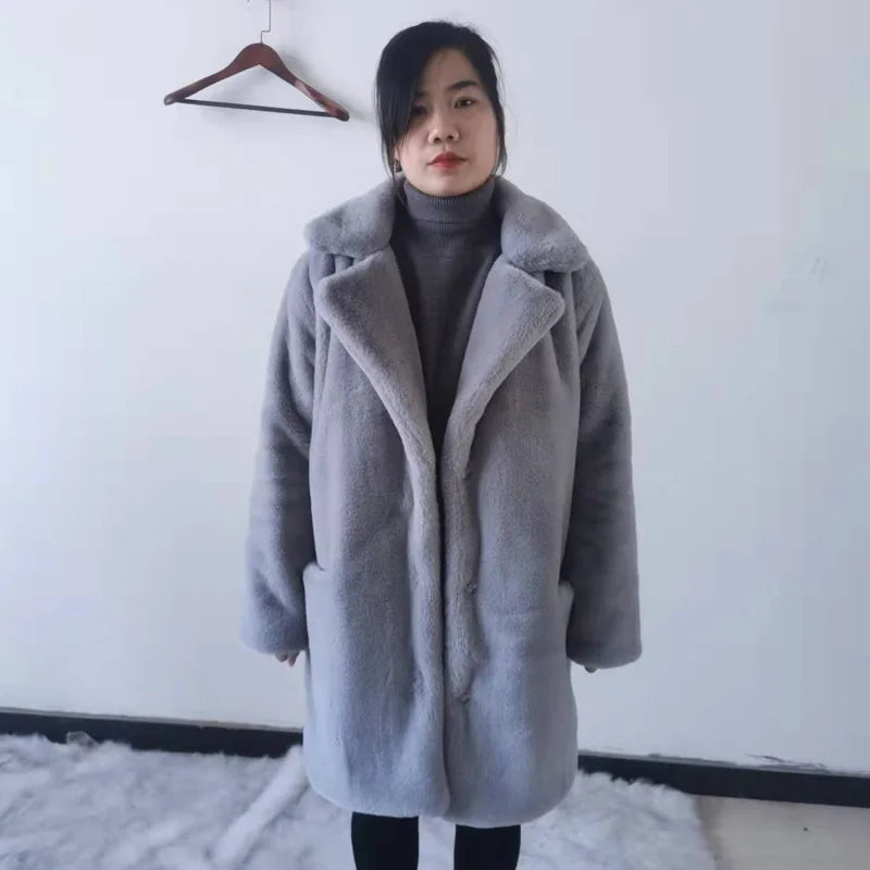 Women's Thick Faux Fur Long Overcoat with Turn-Down Collar