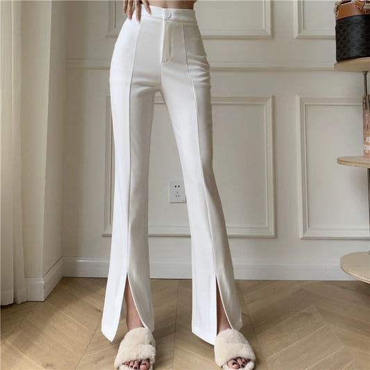 Women's High Waist Slim Fit Micro-Flared Pants - Casual Wide Leg with Split Design