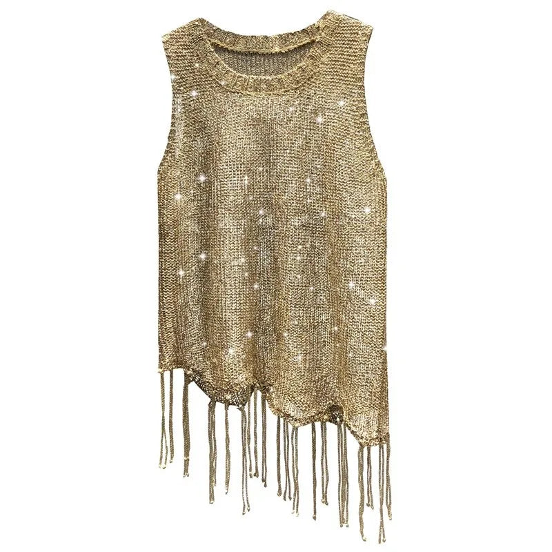 Women's Sequined Tassel Knitted Vest - Shiny & Stylish Performance Fashion