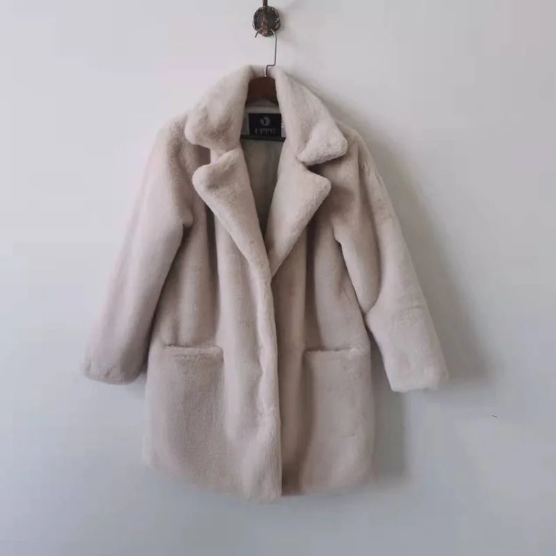 Women's Thick Faux Fur Long Overcoat with Turn-Down Collar