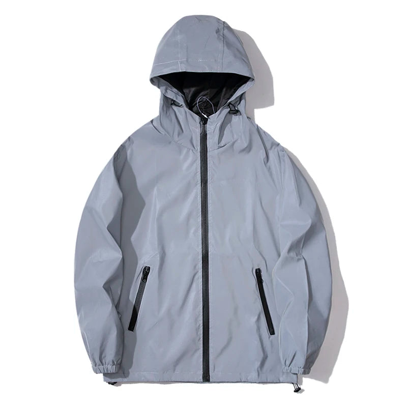 Men's Waterproof Windbreaker Jacket - Reflective Hooded Zipper Jacket for Enhanced Visibility
