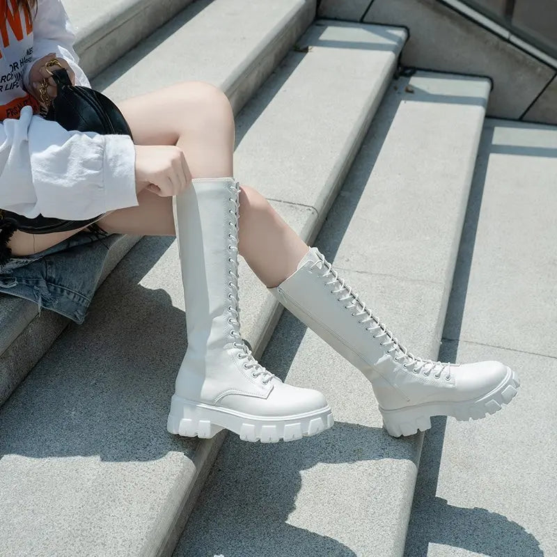 Women's Knee-High PU Leather Lace-Up Long Boots