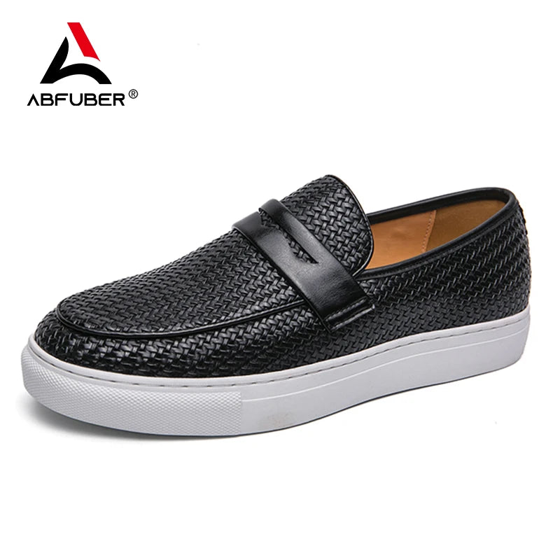Men's Slip-On Loafers - Soft Leather Shoes with Elegant Weave Pattern