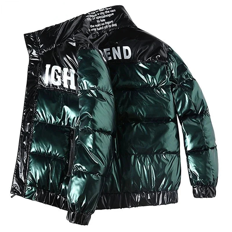 Men's Glossy Thickened Parka Jacket with Stand Collar