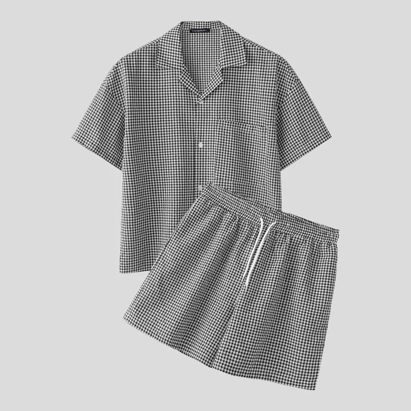 INCERUN Men's Plaid Two-Piece Shirt and Shorts Set – Casual Loose Fit