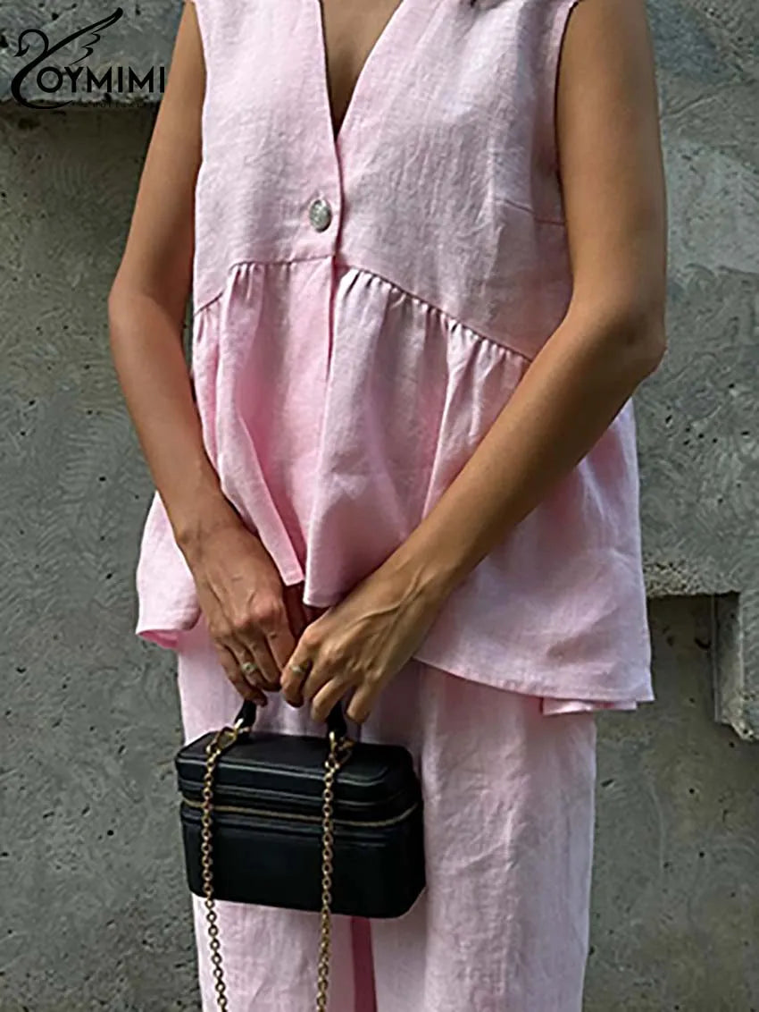 Women's 2-Piece Blue Cotton Linen Set: V-Neck Backless Halter Lace-Up Vest and Straight Pants