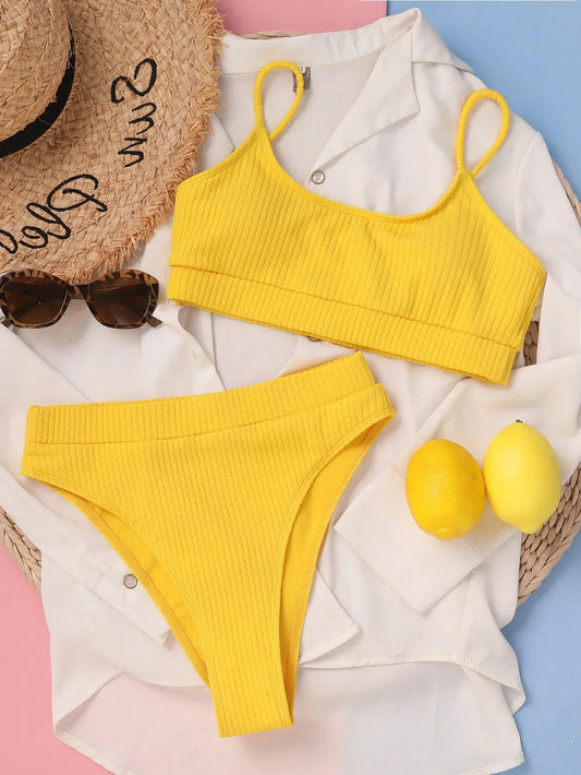 High-Waist Pleated Bikini Swimsuit for Women