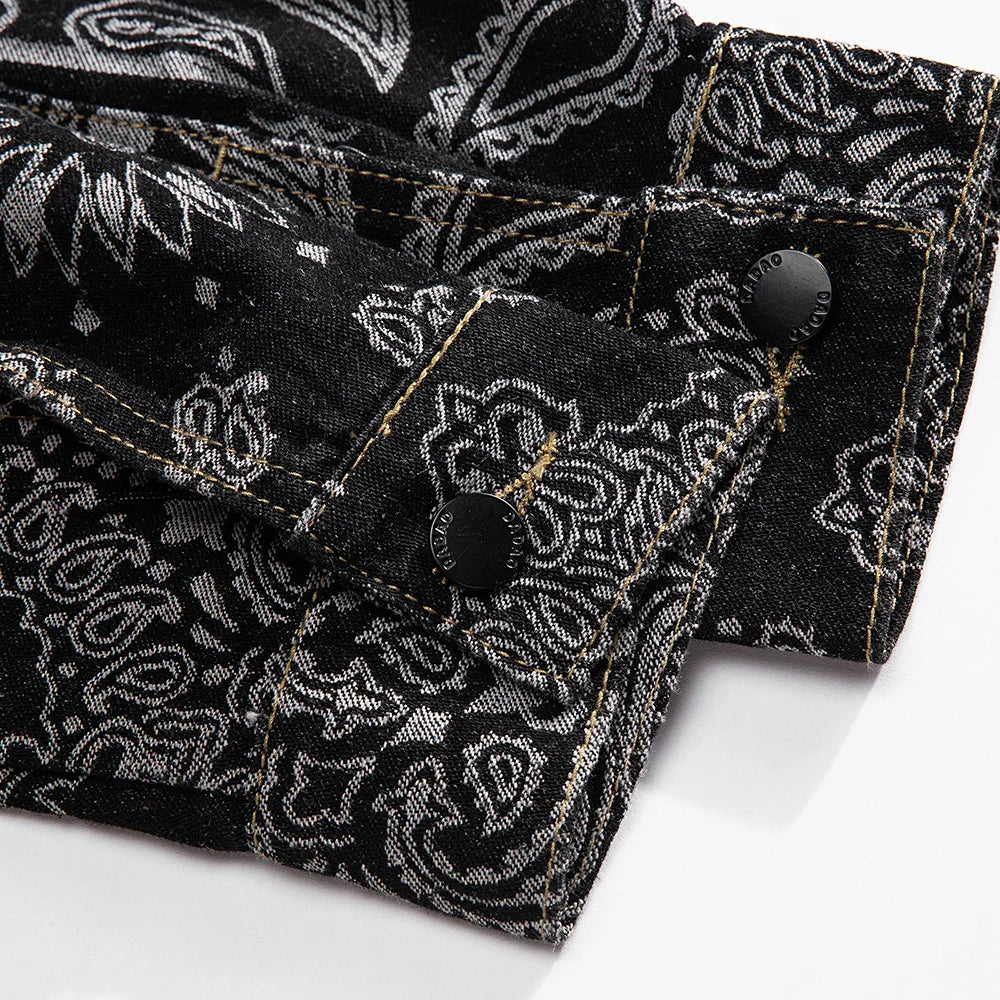 Men's Paisley Print Denim Jacket - Loose Fit Bandana Style Casual Outerwear
