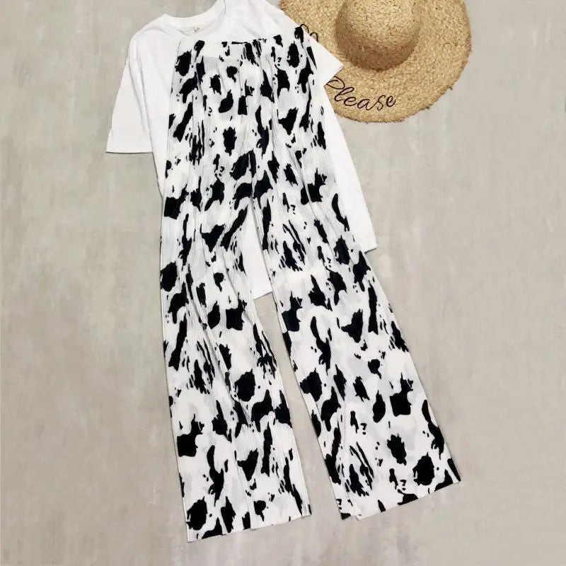 REALEFT Vintage High-Waist Printed Long Pants - Loose Wide Leg Fit- Loose Wide Leg Fit