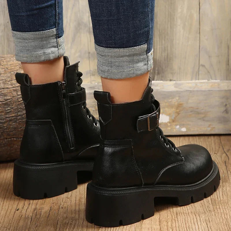 Women’s Chunky Heel Belt Buckle Boots with Lace-Up Design